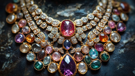 A luxurious gemstone necklace with a prominent centerpiece gem, surrounded by smaller, complementary gems.の素材
