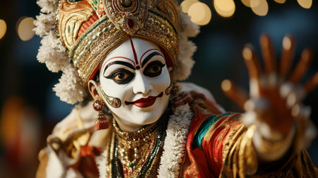 A traditional Kathakali dancer in full costume and makeup, performing a classical dance.の素材