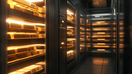 A security vault with shelves filled with neatly stacked gold bars, showcasing a high-security environment.の素材