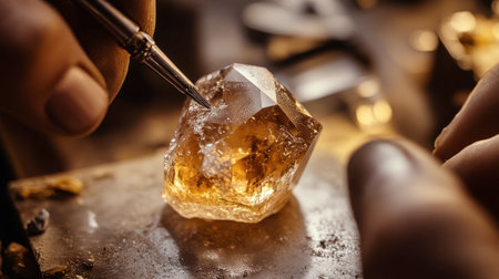A raw gem being cleaned by a jeweler, with a focus on the precision and care involved in preparing it for display.の素材