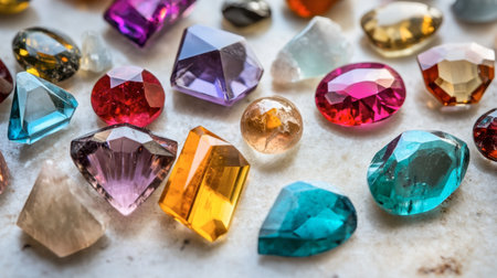 A variety of polished gems arranged on a light-colored surface, showcasing different cuts and colors in a visually appealing manner.の素材
