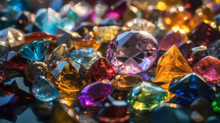 An assortment of colorful gems scattered on a reflective surface, showcasing their variety and sparkle.の素材