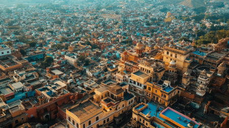An aerial view of Jaipur's Pink City, with its historic architecture and market streets.の素材