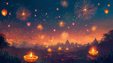 A vibrant Diwali celebration, with fireworks lighting up the night sky.の素材