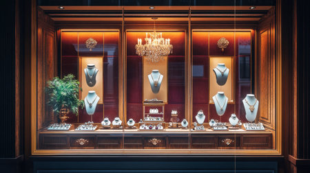An elegant jewelry store window showcasing a variety of gems and gemstone jewelry, arranged to attract attention.の素材