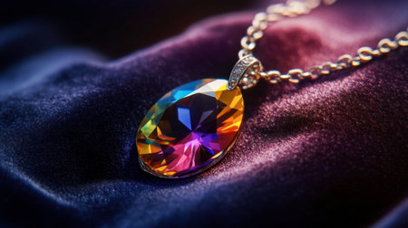 A vibrant gem pendant on a delicate chain, displayed on a dark velvet background to showcase its brilliance.の素材