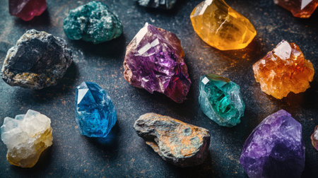 Various raw gemstones displayed on a dark surface, highlighting their natural beauty and diverse colors.の素材