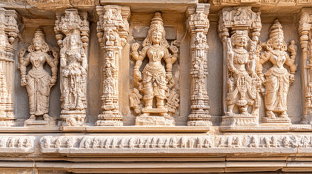 The ancient stone carvings of Khajuraho, depicting Hindu deities and temple art.の素材