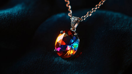 A vibrant gem pendant on a delicate chain, displayed on a dark velvet background to showcase its brilliance.の素材