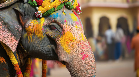 An elephant adorned with colorful paint and decorations at a festival in Jaipur.の素材