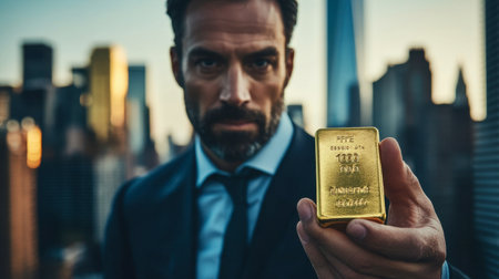 An investor holding a gold bar in one hand, with a serious expression, in front of a city skyline and financial district.の素材
