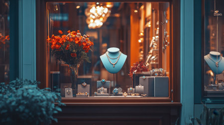 An elegant jewelry store window showcasing a variety of gems and gemstone jewelry, arranged to attract attention.の素材