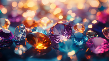 Loose gems of different colors and cuts scattered across a glass table, with soft ambient lighting creating a dazzling effect.の素材