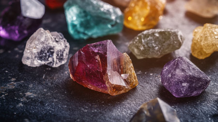 Various raw gemstones displayed on a dark surface, highlighting their natural beauty and diverse colors.の素材