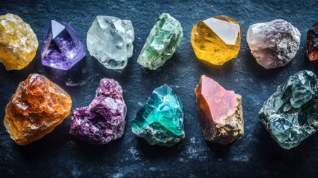 Various raw gemstones displayed on a dark surface, highlighting their natural beauty and diverse colors.の素材