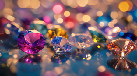 Loose gems of different colors and cuts scattered across a glass table, with soft ambient lighting creating a dazzling effect.の素材