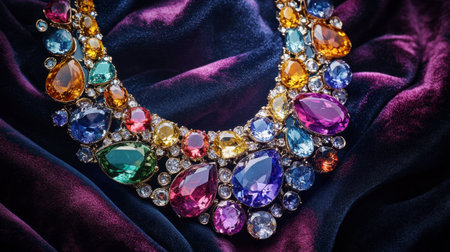 An elegant necklace adorned with multiple gems, displayed against a velvet background to emphasize its luxury.の素材