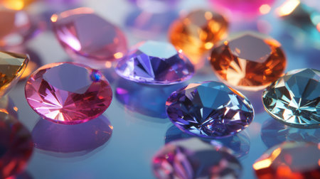 Loose gems of different colors and cuts scattered across a glass table, with soft ambient lighting creating a dazzling effect.の素材