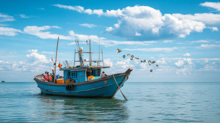 A boat anchored off the coast of Hua Hin with fishermen diving for shellfish, against the backdrop of the ocean and sky.の素材