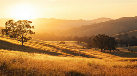 A beautiful sunrise over the rolling hills of Ackmon National Park, with golden light casting long shadows across the landscape.の素材