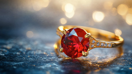 A beautifully faceted ruby gemstone resting in an elegant gold ring, shimmering under soft lighting.の素材