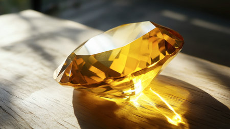 A bright yellow citrine gemstone glowing in the sunlight, with its smooth, polished surface gleaming.の素材