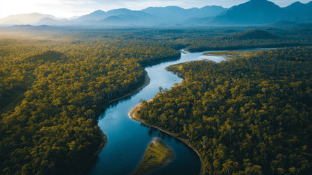 A birds-eye view of Ackmon National Parks winding rivers cutting through the dense forest, with mountains rising in the distance.の素材