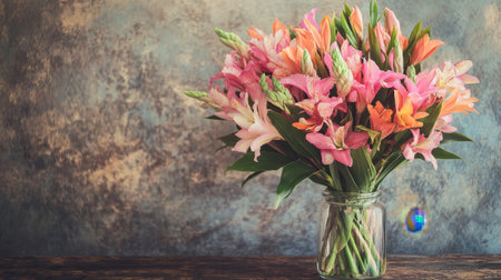 A bouquet of pink and orange ginger flowers arranged elegantly in a clear vase, set against a rustic table.の素材