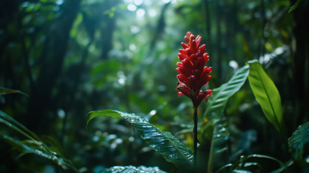 A bright red ginger flower emerging from a dense green background in a tropical rainforest.の素材
