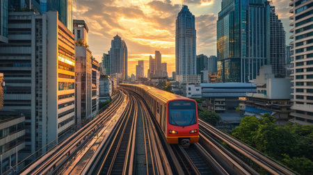 Skytrain running on elevated tracks through the commercial district of Bangkok, with modern buildings on both sides.の素材