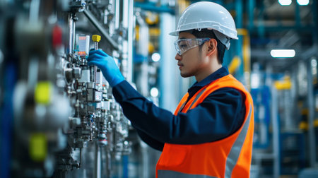 An engineer setting up sensors and monitoring equipment at a manufacturing plant.の素材