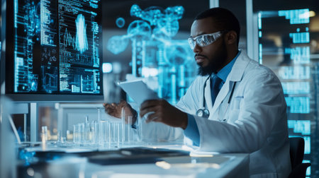 An engineer in a laboratory setting analyzing data and results from experiments.の素材