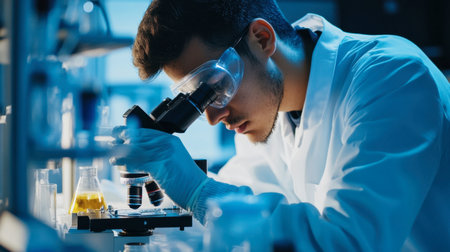 An engineer using a microscope to examine and test materials in a research lab.の素材