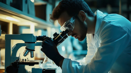An engineer using a microscope to examine and test materials in a research lab.の素材