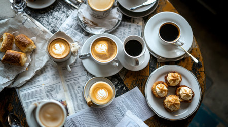 An overhead shot of a breakfast table with multiple cups of coffee, plates of pastries, and a newspaper spread out.の素材