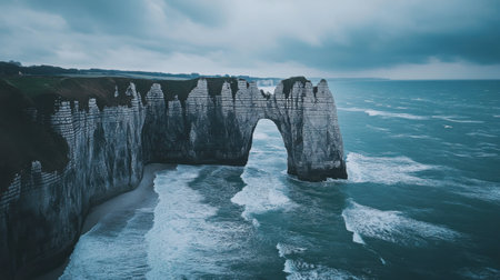 The cliffs of Normandy, with waves crashing against the natural rock arch.の素材