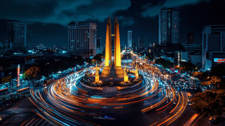Bangkok Democracy Monument at night, lit up and surrounded by passing traffic.の素材