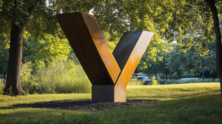 An outdoor sculpture of the letter "Y" in a public park, adding a contemporary touch to the landscape.の素材