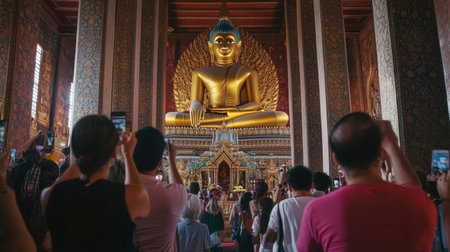 Grand Buddha statue in Wat Pho temple, Bangkok, surrounded by tourists taking photos and exploring the temple.の素材