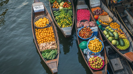 Bangkok's floating market, with small boats loaded with fruits, vegetables, and souvenirs for sale.の素材