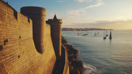 The medieval ramparts of Saint-Malo, overlooking the ocean with boats in the distance.の素材