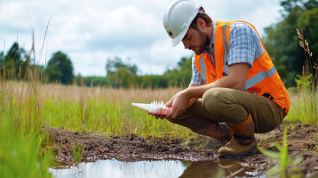 An environmental engineer working on soil and water samples at a field testing site.の素材