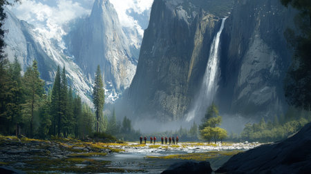 Visitors taking a scenic hike in Yosemite National Park, USA, surrounded by towering cliffs and waterfalls.の素材
