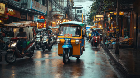 Busy streets of Bangkok with tuk-tuks, motorbikes, and street vendors selling local food.の素材