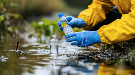 An environmental engineer assessing water quality at a testing site with scientific equipment.の素材