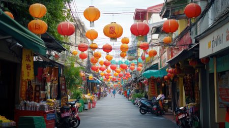 Colorful Chinatown in Bangkok during the Chinese New Year, with lanterns and festive decorations.の素材