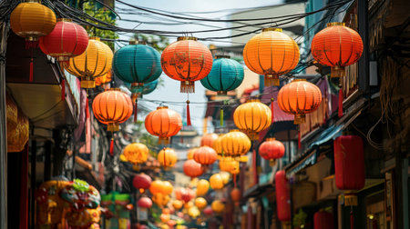 Colorful Chinatown in Bangkok during the Chinese New Year, with lanterns and festive decorations.の素材