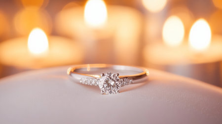 A diamond engagement ring resting on a white satin cushion, with a soft-focus background of romantic candlelight.の素材