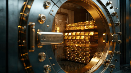 A luxurious bank vault door with a series of gold bars neatly stored inside, creating a sense of security and wealth.の素材