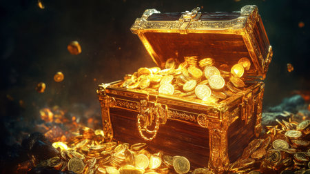 A golden treasure chest overflowing with gold bars, coins, and jewels, set against a dark, moody background.の素材